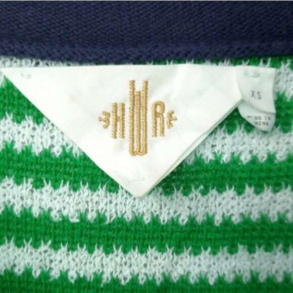 Anthropologie HWR Green White Striped Puff Sleeve Navy Blue Tie Neck Cardigan XS - Picture 8 of 11